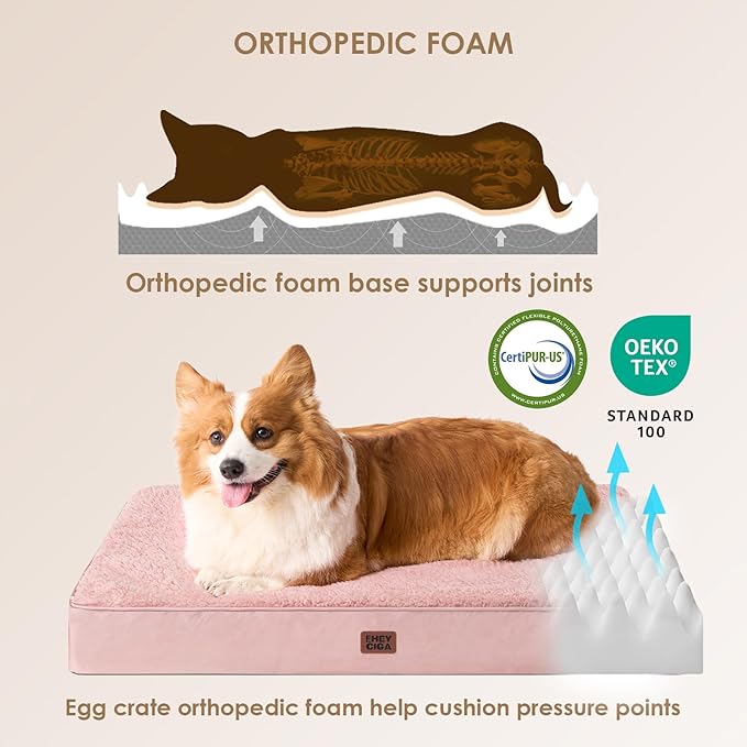 EHEYCIGA Orthopedic Dog Bed Large with Removable Washable Cover, 35IN Pink | Egg Crate Foam Support, Durable Oxford fabric, Non-Slip Bottom, Machine Washable, Soft Waterproof Plush Pet Bed Mat For Crate