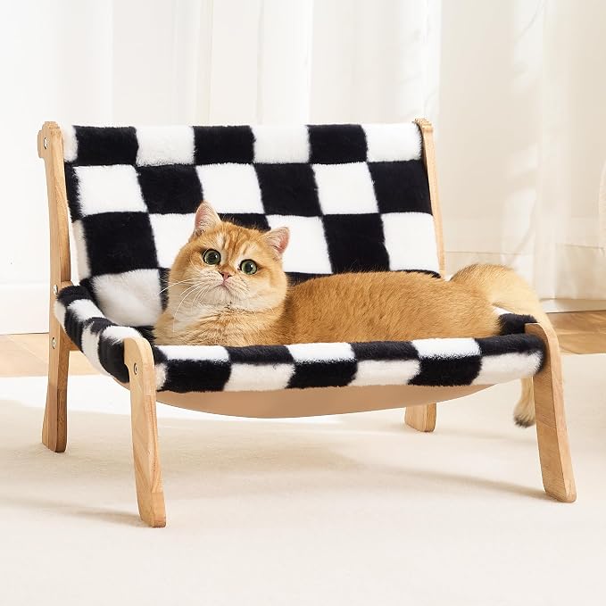Solid Wood Cat Couch Bed for Indoor Cats, Modern Cat Sofa with Ultra-Soft Plush Surface Washable, Reclined Backrest, Elevated Plush Cat Lounge for Small to Adult Cats, Black & White