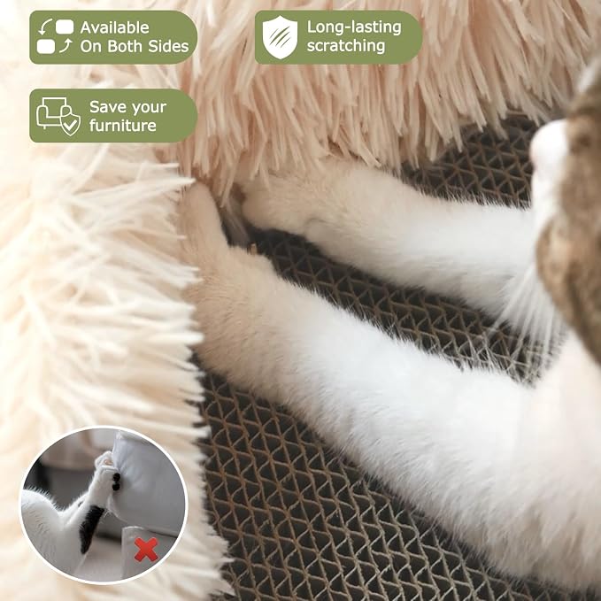 Cat Lounge Scratcher Box with Removable Cardboard (Beige) | High-density Corrugated Cardboard with Double-sided Use, Soft Long Plush, Release Stress and Protect Furniture