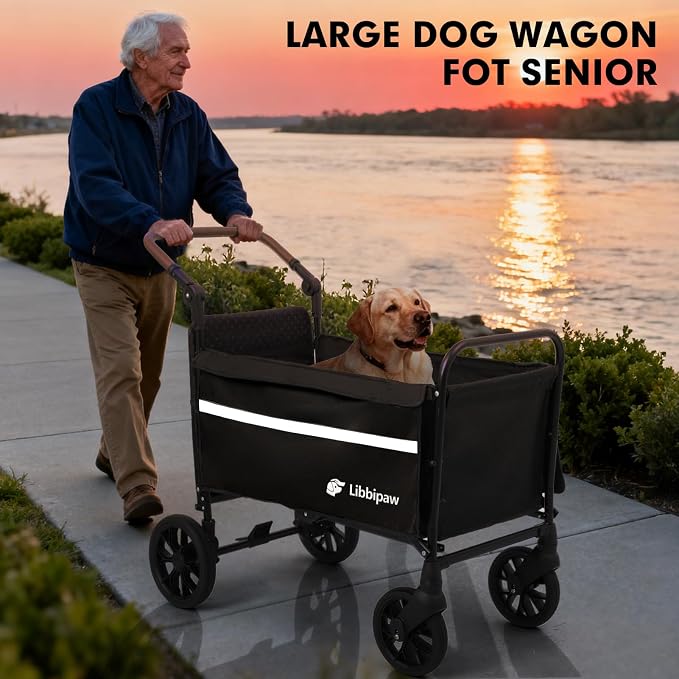 LUFFWELL Foldable Dog Wagon with Ramp, Medium & Large Dogs, Black | All-terrain wheels, One-step brake, Adjustable handle, Side pockets, 200 lb capacity