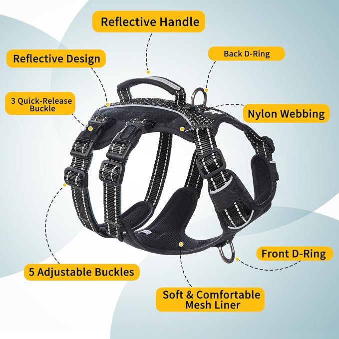 Service Dog Vest Harness, Escape Proof Harness with 6 Patches, No-Pull, Reflective Harness with Handle, Adjustable for Small to Large Dogs, for Training and Hiking (Black, XS)