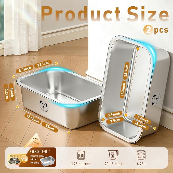 Stainless Steel Large Dog Water Bowl, Spill-Proof Metal Dog Food Bowls, Easy Clean Outdoor Dog Water Bowl for Medium Large Dogs, X-Large & Cats 1.25 Gallons, 2-Pack
