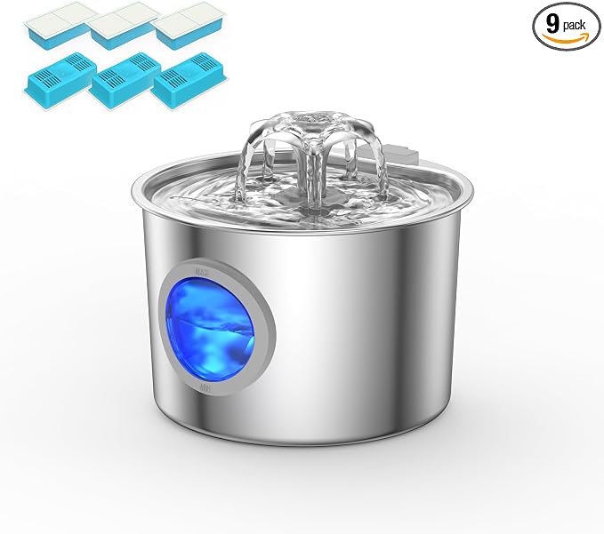 Premium Cat Water Fountain - Whisper-Quiet, 304 Stainless Steel, Smart Pump for Hydration Obsessed Cats | 74oz, 6 Filters Included (74oz Cat Fountain+6 Filters +6 Sponges)
