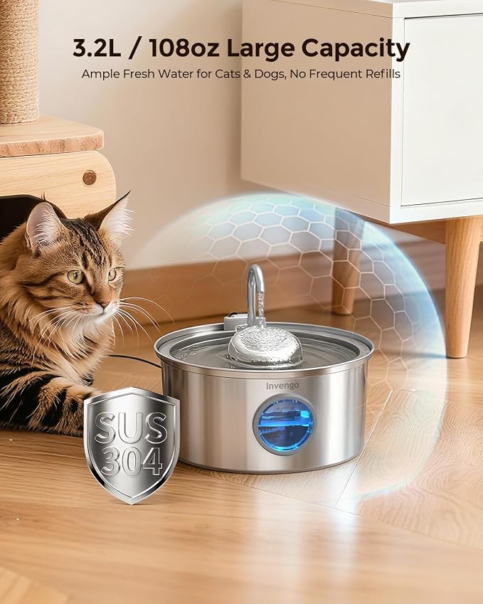 Invengo Cat Water Fountain Stainless Steel, 3.2L/108oz Pet Drinking Fountain for Cats Dogs, Automatic Cat Fountain with 2 Flow Modes, Splash-Proof Bowl, Includes 6 Replacement Filters