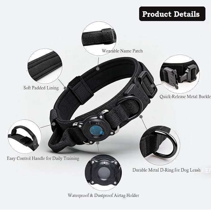 AirTag Dog Collar for Large Dogs Tactical Dog Collar with AirTag Holder | Upgrade Waterproof,Adjustable,Control Handle,Quick-Release Metal Buckle,1000D Nylon Fabric,Soft-Padde,Velcro Patch(Black,L)