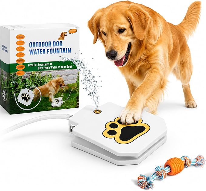 Outdoor Dog Water Fountain Step On - Dog Sprinkler Paw Activated for Large Medium Dogs - Outside Pet Drinking Water Dispenser Toy, Upgraded Copper Valve, Hose & Y Splitter (1PC)
