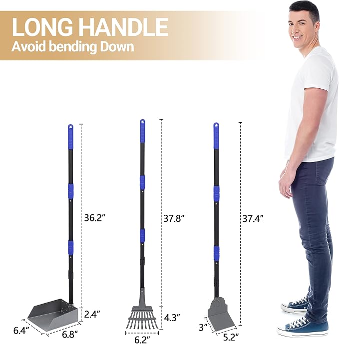 Dog Pooper Scooper, Dog Poop Tray and Rake Set with Long Stainless Handles | Pet Waste Removal Scoop with Adjustable Sectional Handles