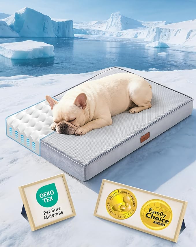 OhGeni Orthopedic Cooling Dog Bed for Medium Dogs, Cooling Mat with Machine-Washable Removable Cover in Easy-Clean Fabric, High Density Foam & Easy-Carry Handle, Summer Pad, 30 inch (Gray)