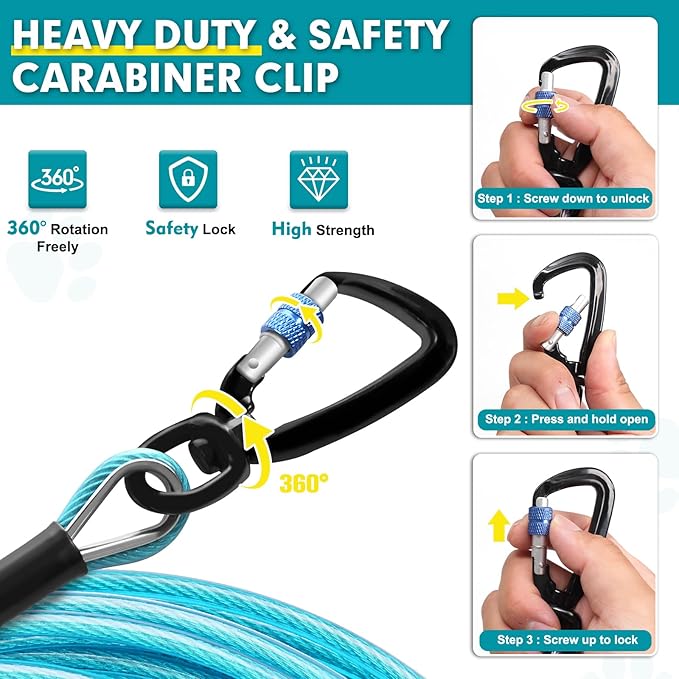 Snagle Paw Heavy Duty Long Dog Leads for Yard 120FT-1000LBS Break Strength,Dog Tie Out Cable with Swivel Lockable Hook & Spring,Chew Proof Dog Chain for Outside,Dog Run Cable for Medium Large Dogs