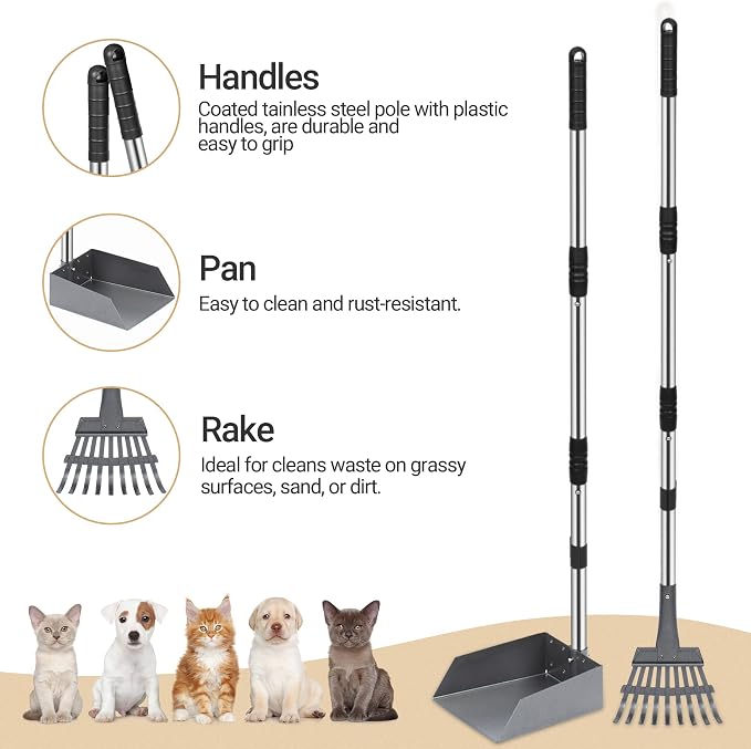Dog Pooper Scooper, Dog Poop Tray and Rake Set with Long Stainless Handles | Pet Waste Removal Scoop with Adjustable Sectional Handles