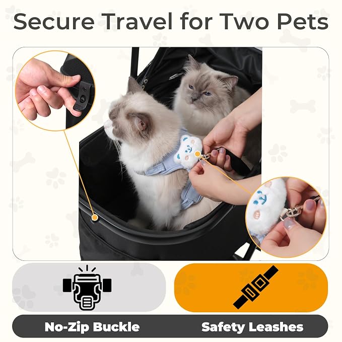 Pet Stroller for Cats and Small Dogs, Cat Strollers for 2 Cats with Detachable Carrier, Safety Leashes, Ventilated, Foldable,Pet Car Seat, All-Terrain Wheels, Storage Basket & Cup Holder, Black