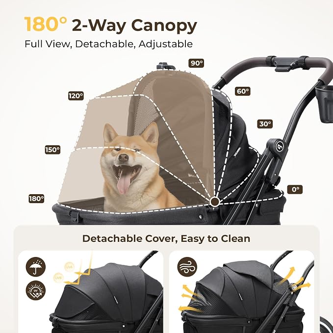X6 Pet Stroller for Medium Large Pets Up to 70Lbs, Black | 10" Dual-Side Entry, 180° Detachable Canopy, All-Terrain Wheels, Shock Absorption, One-Hand Fold