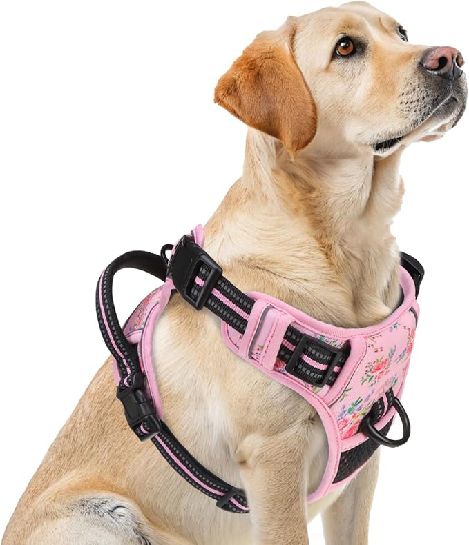 PUPTECK No Pull Tactical Dog Harness for Large, Adjustable Reflective Dog Harness with Handle Easy Control, Comfortable Soft Padded Pet Vest Harness for Large Dogs, Pink Flowers L