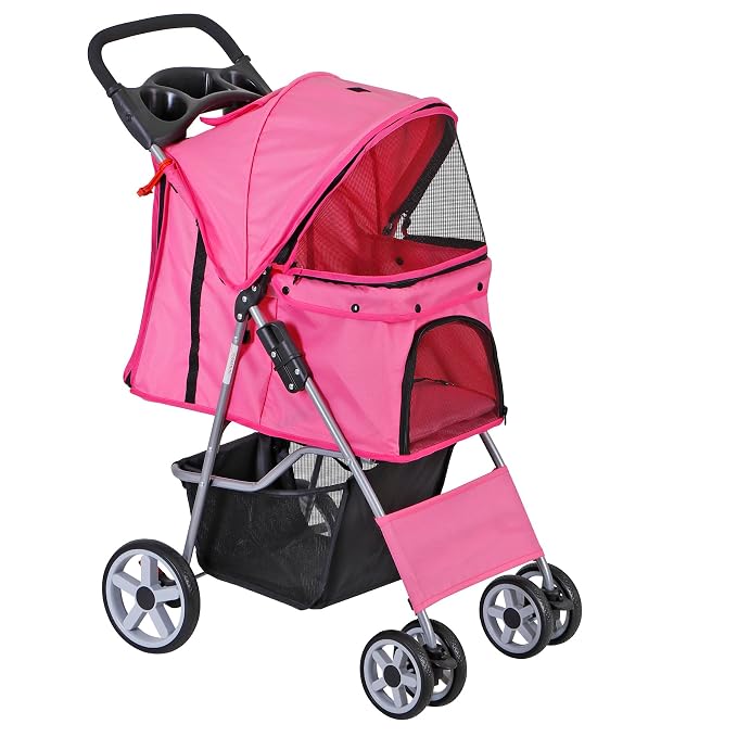Pet Stroller for Medium Small Dogs - Easy to Walk Folding Travel Carrier Strolling Cart with Cup Holder, Weather Cover and Storage Basket (Pink)