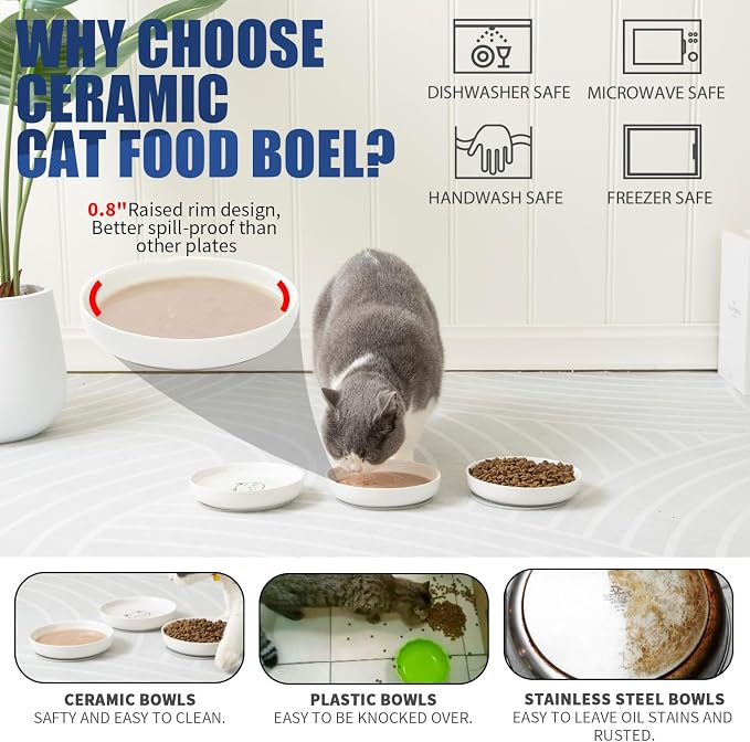 Lusifaco Shallow Cat Food Bowls, 5.9 Inch Wide Ceramic Cat Dish for Indoor Cat,Anti Whisker Fatigue Cat Dishes Set, Kitten Plates for Food and Water,Non-Slip Silicone Mat,3 Pack(Grey)