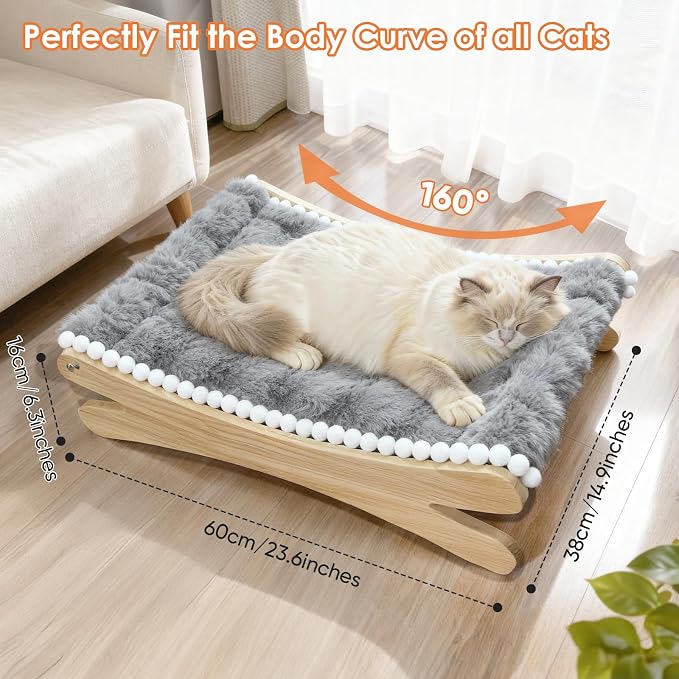 Plush Elevated Cat Bed - Cozy Raised Cat Hammock with Solid Wood Frame, Soft Furry Cushion for Indoor Cats & Small Dogs, Multi-Color Options(Grey)