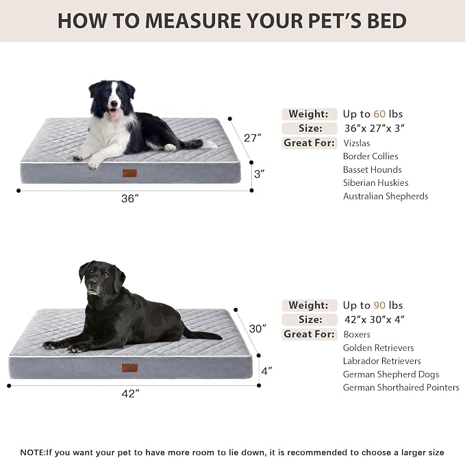 WNPETHOME Orthopedic Waterproof Large Sized Senior Dogs Bed for Comfy Sleep | Washable Ped Bed with Removable Cover, Multi-Needle Quilting Large Dogs Crate Bed for Dog Relax, Light Grey 36x27 Inch