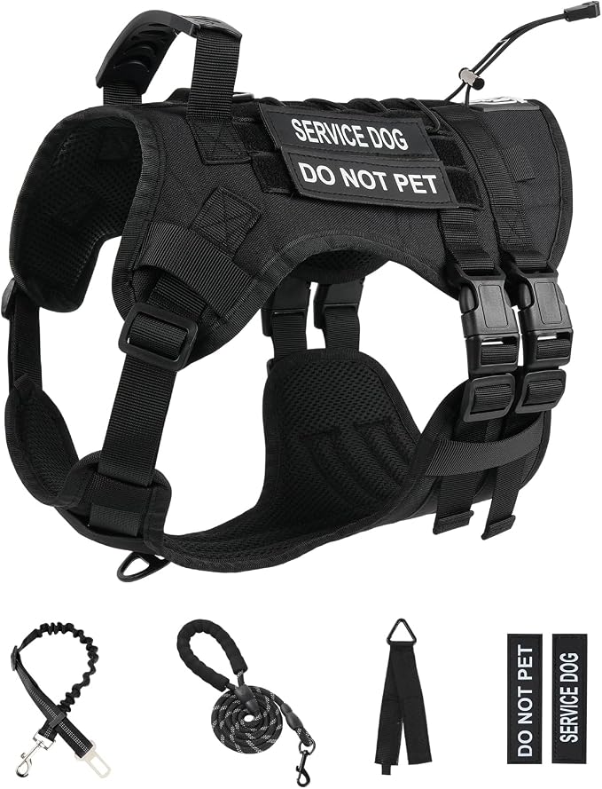 No Pull Tactical Dog Harness for Large Dogs, Service Dog Vest, XL, Black | Tactical Dog Vest Harness and Leash Set, Adjustable Military Service Dog Harness with Handle for Medium Large Dogs