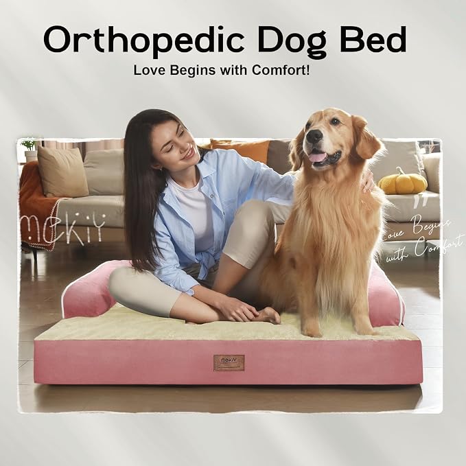Orthopedic Waterproof Dog Bed with Bolster for Extra Large Size Dogs | Pillow Support for Neck Relief, Egg Crate Foam, Waterproof Liner, Anti-Slip Bottom, Removable Bolster Cover, 48 x 33 Inch