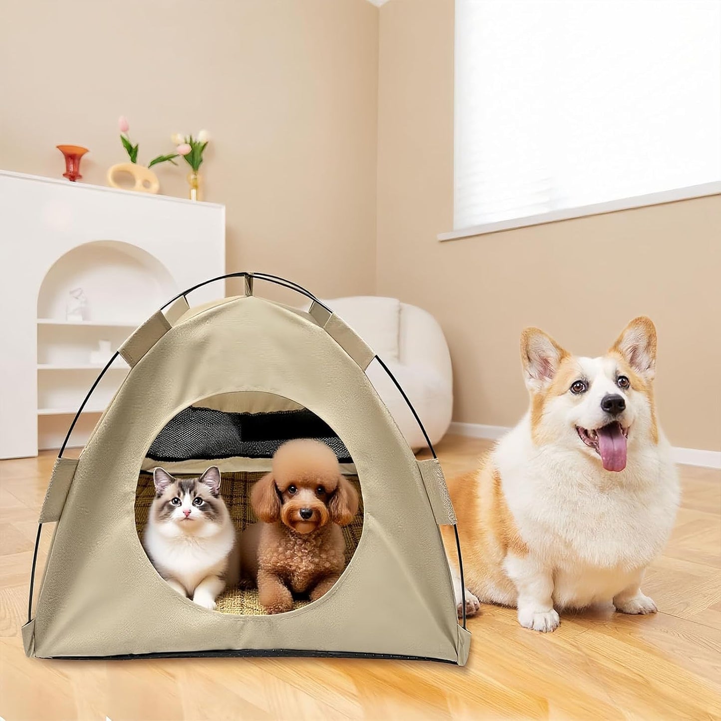 BreezyDen Pop-Up Pet Tent – Portable Hideaway for Cats & Small Dogs, Portable Indoor/Outdoor Pet Tent House with Mesh Window, Waterproof, Breathable, Scratch-Resistant, Fully Washable (Gray,M)