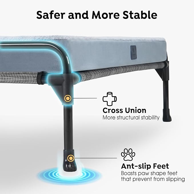 Veehoo Elevated Raised Dog Bed+Removable Dog Bed Mat-Cooling Outdoor Medium Pet Cot Three-Sided Guardrail Raised Pet Cot Elevated Hammock Ded with Bolster-29 x18 Black Silver