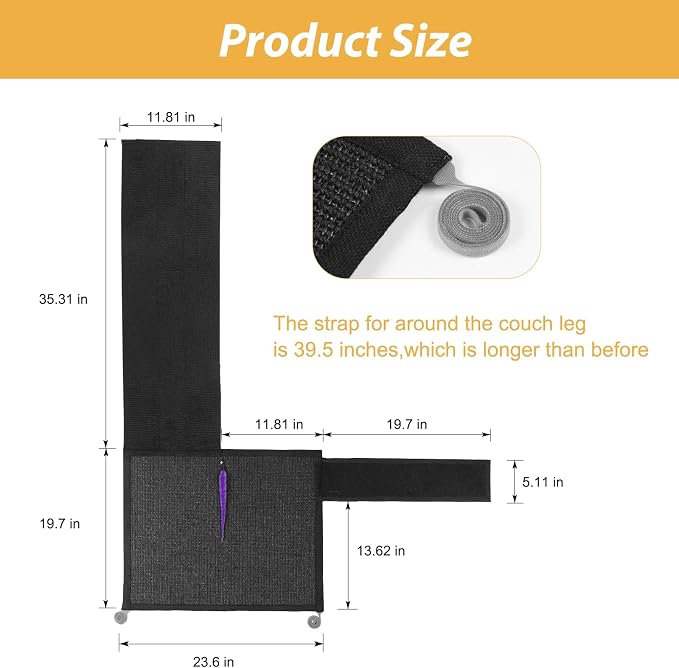 Cat Scratch Couch Protector,Cat Scratch Sofa Armrest Cover with Sisal Mat and Toy for Cats,Sofa Scratcher Furniture Protector 23.6’’L*19.7’’W (Black/Right Hand)
