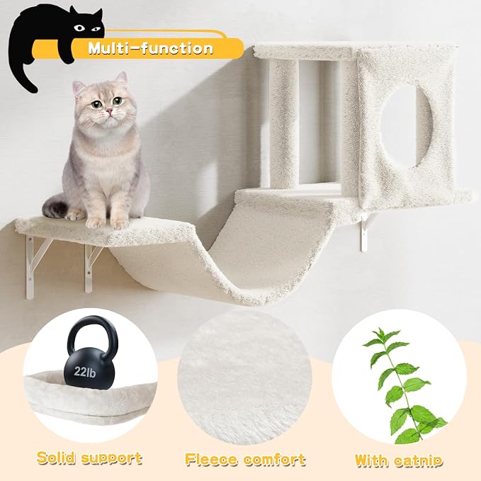 12-in-1 Cat Wall Shelves, Wall Mounted Cat Climber with Condo House, Scratching Post, Bridge Ladder, Space-Saving Indoor Play Furniture for Kittens, White