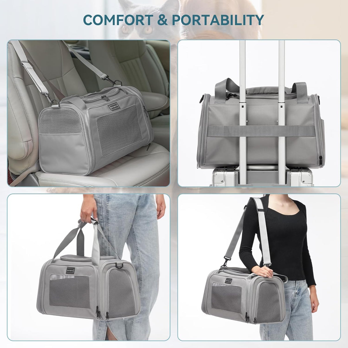 PETSFIT Cat Carrier Airline Approved, Soft Carrier for Small and Medium Cats Under 12 Lbs, Soft Cat Travel Bag, Kitten Carrier with Extendable Mat, Grey