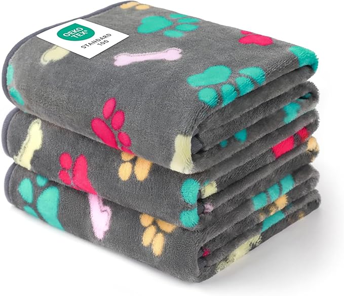 Luciphia 1 Pack 3 Blankets Fluffy Premium Fleece Pet Blanket Flannel Paw Bone Printed Throw for Dog Cat(Medium 30"x20", Grey)