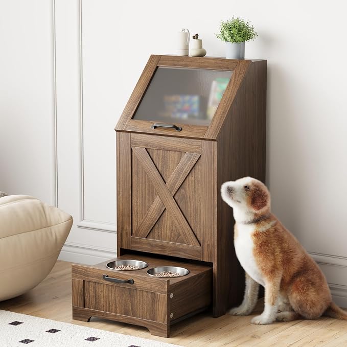 Walnut Dog Feeding Station with Storage & Bowls | Pet food cabinet, 2 elevated bowls, 3 hooks, glass flip cover, anti-tipping device, for dogs.