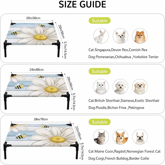Outdoor Elevated Dog Bed for Large Dogs, White Daisy Rustic Breathable Cooling Raised Dog Cot for Indoor/Outdoor, Pastoral Flowers Honeybees Blue Wood Waterproof Elevated Pet Beds, L 28 x 22 in