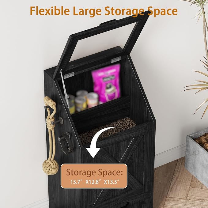 Dog Feeding Station,Dog Food Storage Cabinet,Pet Feeding Station with 2 Elevated Bowls,Hidden Pet Feeder Station with Hooks,Flip Top Pet Storage Organizer for Water,Feeding (Black)
