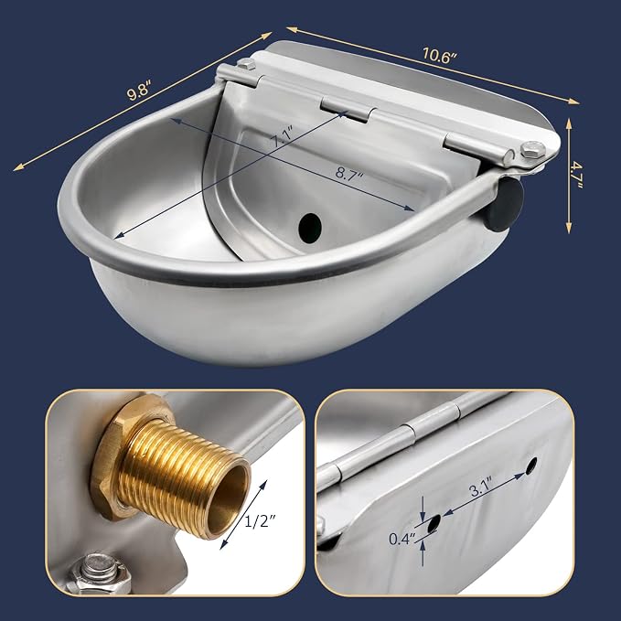 Automatic Dog Water Dispenser Outdoor Large Breed Self Filling Water Bowl | Heavy Duty Brass Float Valve Control, Wall Mount, For Poultry Chicken Duck Goat Sheep Horse Cattle Livestock, Bakcyard Farm