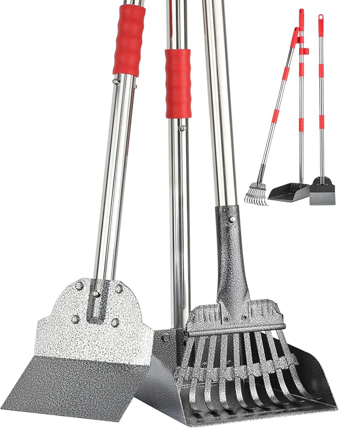FUSBUNTY Pooper Scooper, Long Handle Dog Pooper Scooper, Heavy Duty Stainless Steel Rake with Tray & Spade Set for Pet Waste Removal, for Grass, Dirt or Gravel