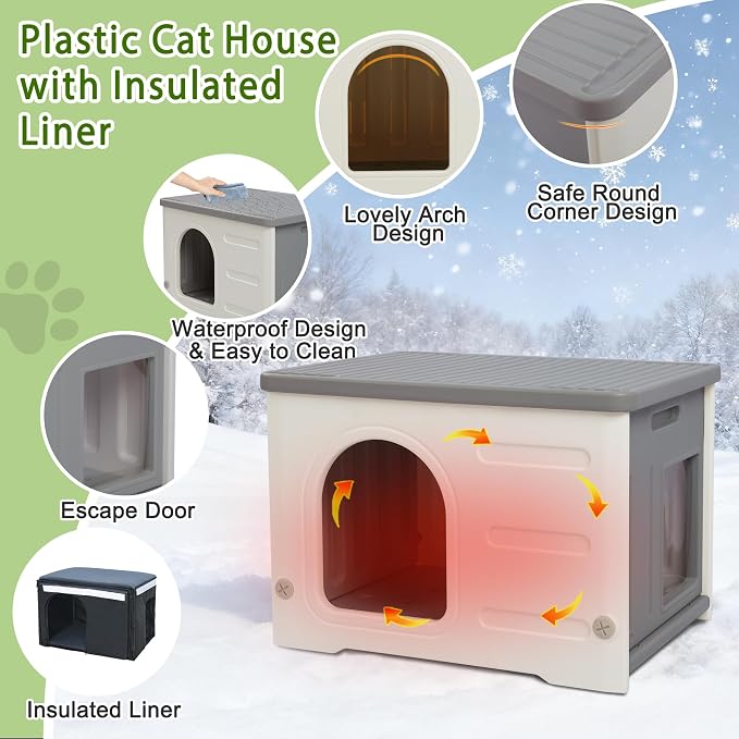 Insulated Cat House Outdoor Weatherpoof Plastic Cats Houses for Winter | with Escape Door Indoor Waterproof Feral/Pet Cat Shelter Outside for Puppy, Rabbit