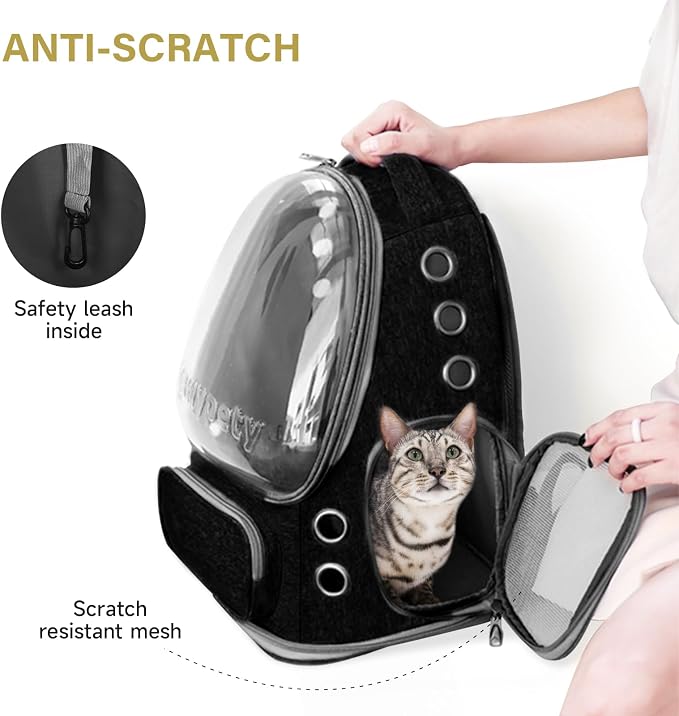 Cawypety Cat Backpack Carrier, Breathable Cat Carrier Large Space Bubble Pet Backpack for Kitty Small Dog up to 12lbs, Transparent & Foldable Pet Carrier for Travel Hiking (Black