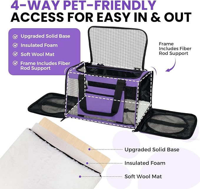 Soft-Sided Cat Carrier Expandable Pet Carrier Airline Approved Mesh Zipper with Lock Travel Carrier Up to 15lbs for Cats Dogs Collapsible Escape-Proof with Strap (18x11x11 Purple-L)