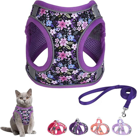 Flymind Step-in Dog Harness and Leash Set, Purple, Small/Medium, Floral Pattern, 360-Degree Reflective Design for Low Light Safety