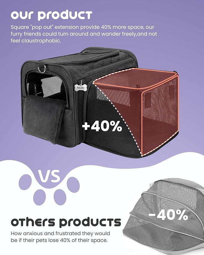 MIDOG Cat Carrier Soft for Small-Medium Cats Up to 15lbs, Airline Approved | Expandable Square Design,Comfort & Breathable Window,Equipped with anti-slip lock zippers and an internal safety leash