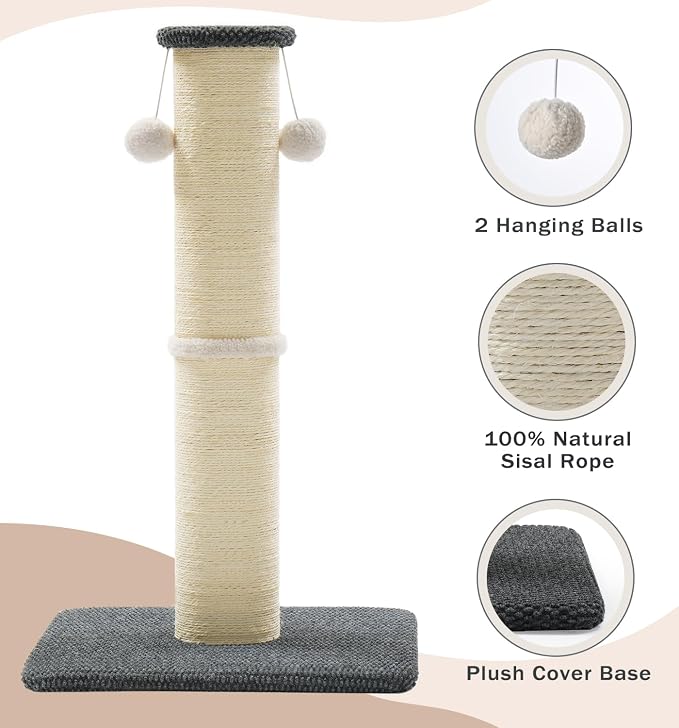 Made4Pets Tall Cat Scratching Post, 23.6" Natural Sisal Cat Scratcher with Hanging Balls, Heavy Duty and Thicker Scratching Post for Indoor Cats Adults, Sturdy Base Cat Scratch Post, Dark Grey