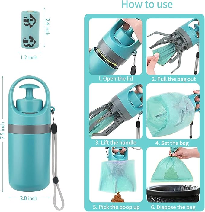 Dog Pooper Scooper, Portable No Touch Poop Scooper for Small Medium Large Dogs, Dog Waste Pick-up Cleaner with 15PCS Bag Attachment and Leak-Proof Waste Storage Container