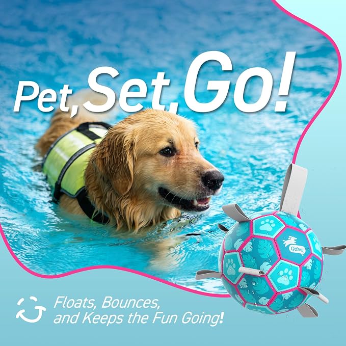 QDAN Dog Toys Soccer Ball with Straps, Beach Pool Dog Water Toy, Herding Balls for Dog, Blue (6 Inch)