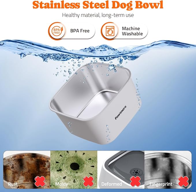 Pawtners Dog Water Bowl No Spill, 152oz/4.5L Stainless Steel Dog Floating Bowl, Slow Water Bowl for Dog with Filter, Non-Slip Base, No Splash Water Bowl for Medium Large Messy Drinkers White