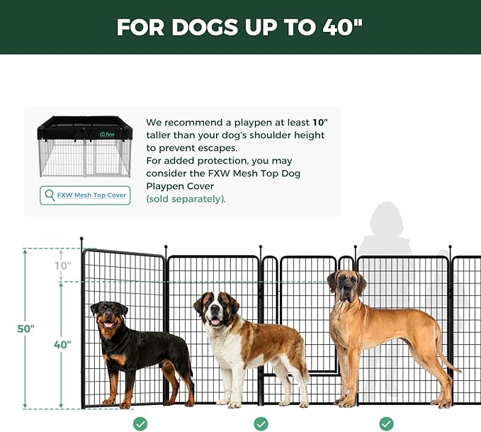 FXW Rollick Unleashed Dog Playpen for Indoor, Yard, RV Camping, 50 inch 32 Panels for Large Dogs, Black│Patented