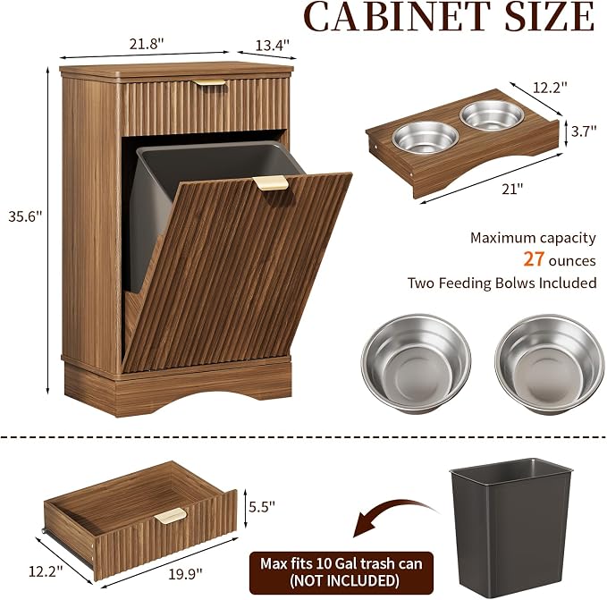 Dog Feeding Station,Dog Food Storage Cabinet,Pet Feeding Station with 2 Elevated Bowls,Hidden Pet Feeder Station with Hooks (Tilt-Out Dog Feeding Station-Walnut)