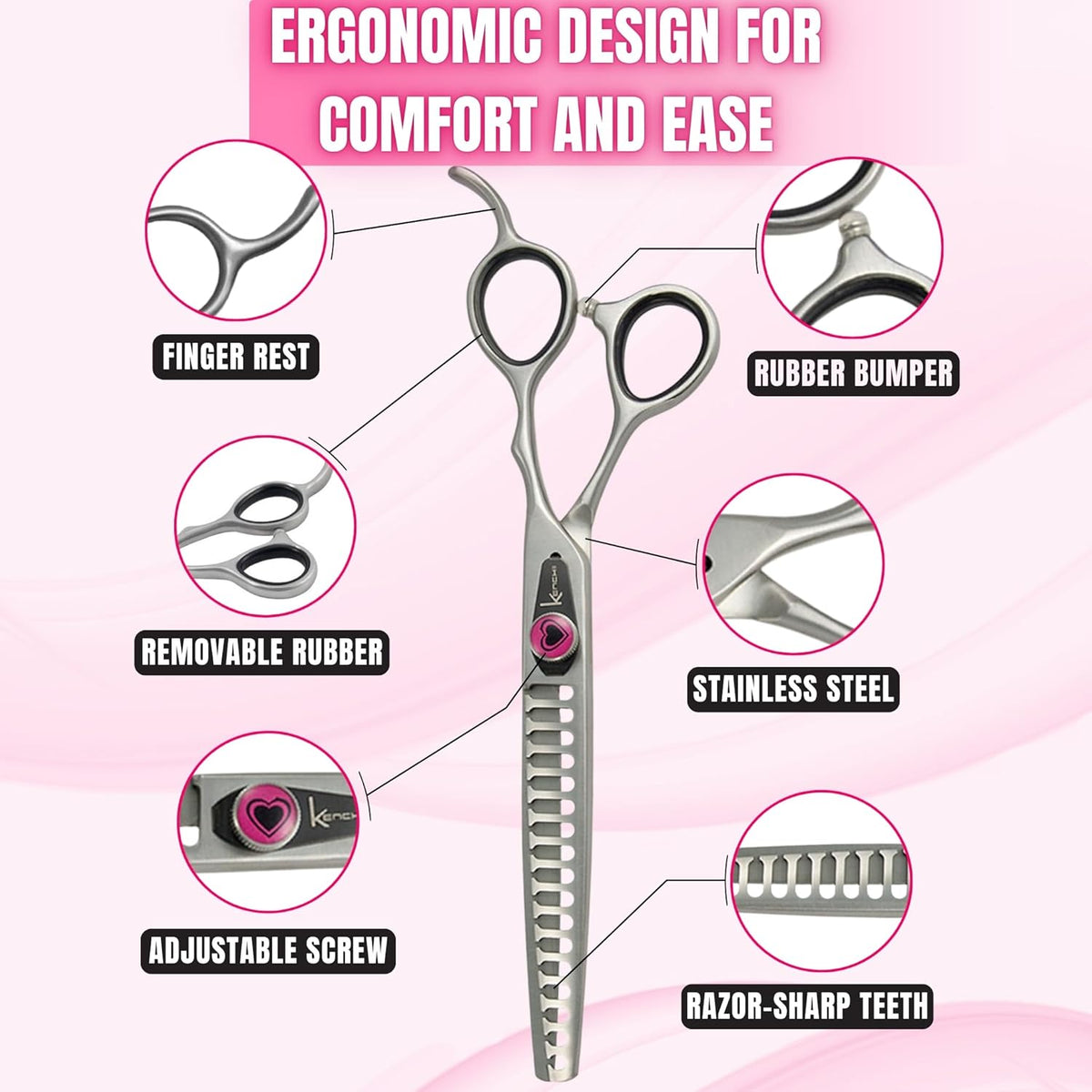 Kenchii Love Dog Grooming Scissors, 17 Tooth Thinning Shears, Dog Scissors for Grooming, Professional Pet Grooming Scissors, Heavy Duty, Durable and Sharp