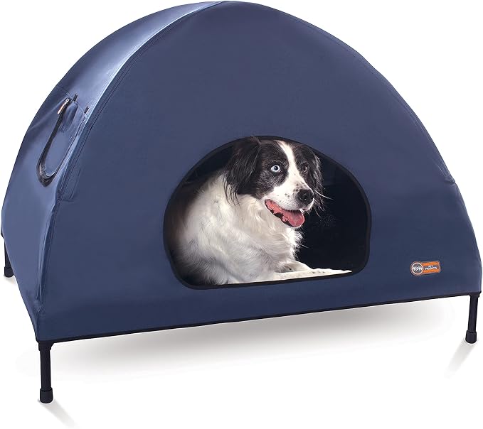 K&H Elevated Dog Bed, Outdoor Pet Cot House for Large Pets - 42x30in Blue | Outdoor Raised Dog Bed House, Enclosed Canopy, Window Flaps for Air Flow, Washable Cover, Raised Metal Frame, Collapsible