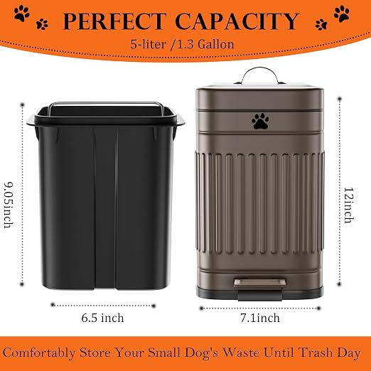 Dog Poop Trash Can Outside - 5L/1.3Gal Small Trash Can with Lid, Brown | Outdoor Dog Poop Trash Can with 40 Bags, Pedal, Removable Inner Bin, Metal Dog Waste Trash Can with Soft Close, Odor Control