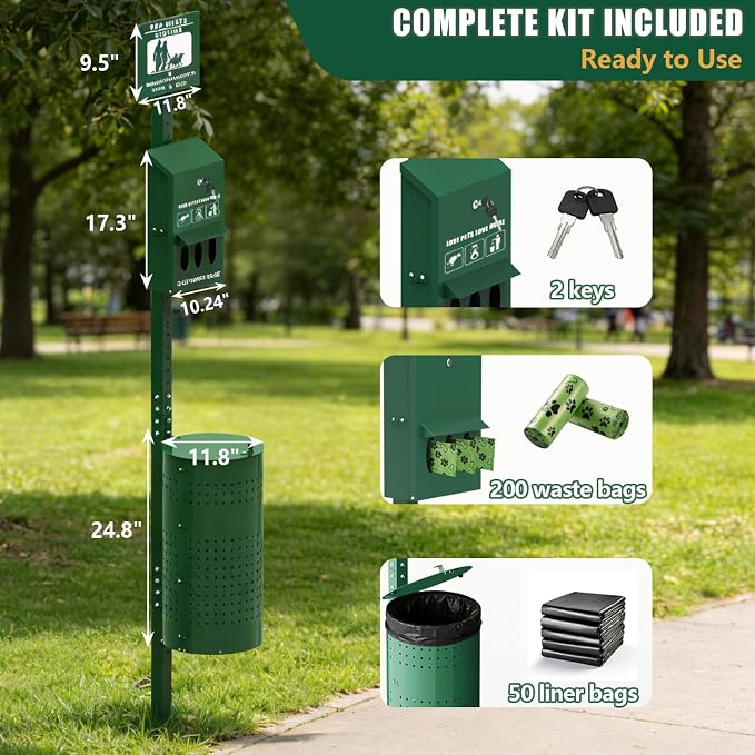 Dog Waste Station, 11.5 Gallon Pet Waste Station with Lockable Dispenser, Outdoor Poop Station with Bags & Liner, Heavy Duty Station for Apartments, Parks & Yard