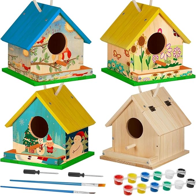 Liliful 36 Sets Wooden DIY Birdhouse Kit Unfinished Bird Houses with Paints and Paintbrushes Bird Feeder Craft Arts for Boy or Girl Classroom Activity and Christmas Kids Wooden Craft Gifts